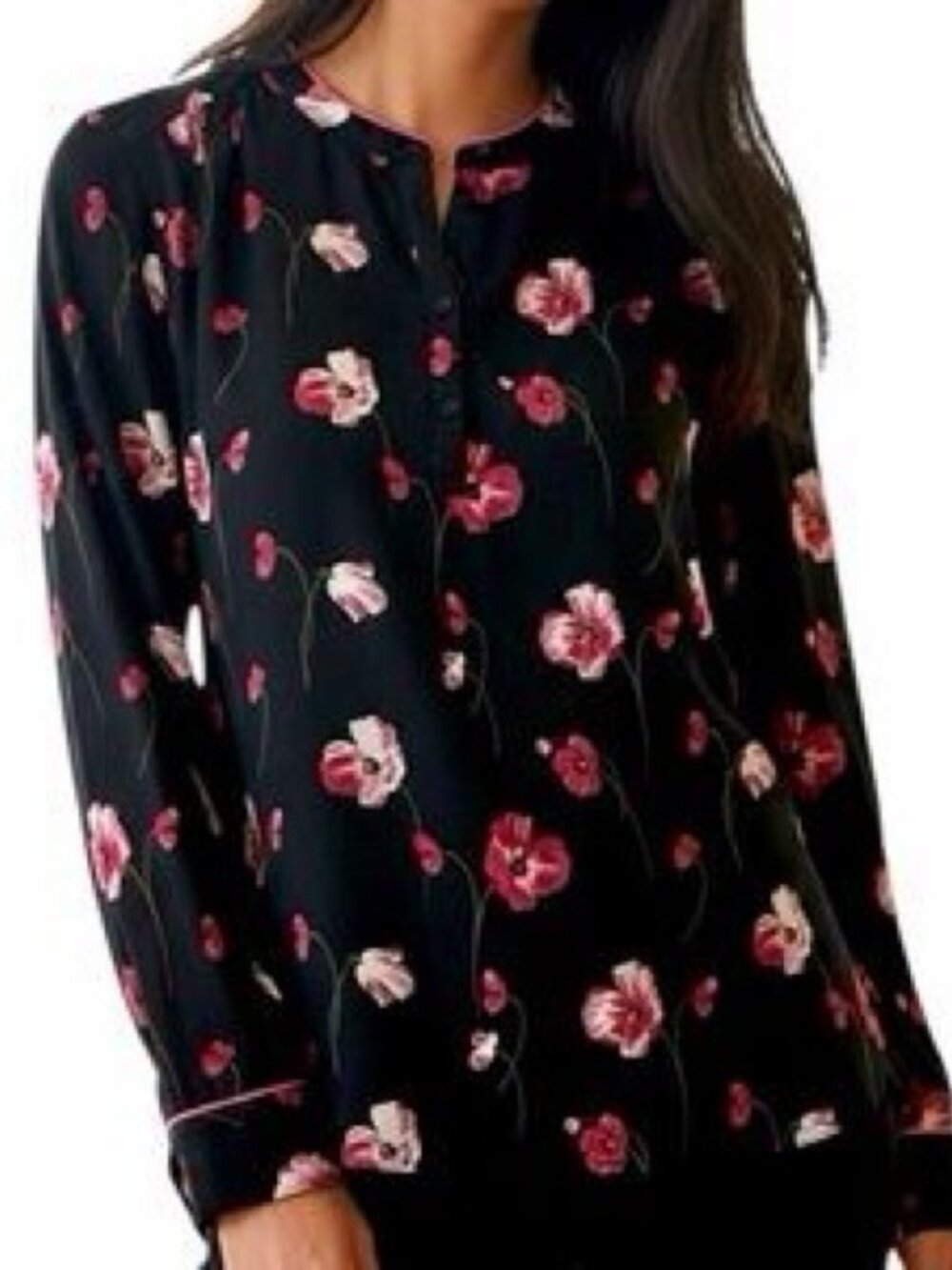 Banana Republic XL Black Pullover Button Cuff Blouse with Pink Floral Pattern